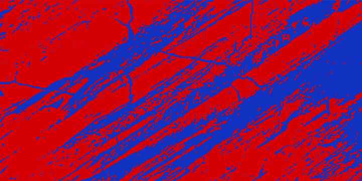 Vibrant red and royal blue high-contrast grunge texture background. Features diagonal distressed paint streaks, threshold noise, and bold two-tone posterization for urban graphic design assets.
