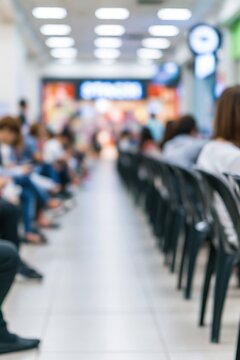 Blurred crowd of people waiting in long chair