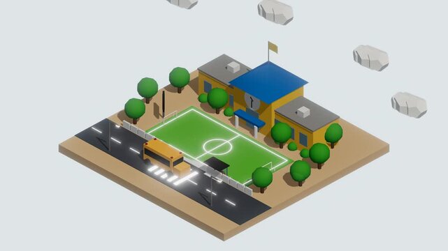 An ultra-detailed, vibrant 3D isometric animation of a modern school campus. Features a fully populated diorama with moving clouds, streetlights, a glass bus shelter, a soccer field with a scoreboard