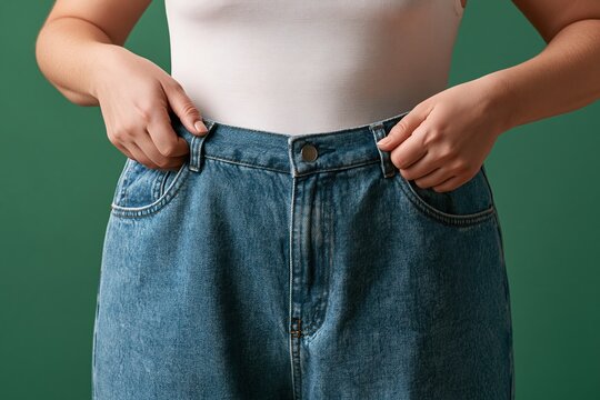 Person struggling to button tight jeans on green