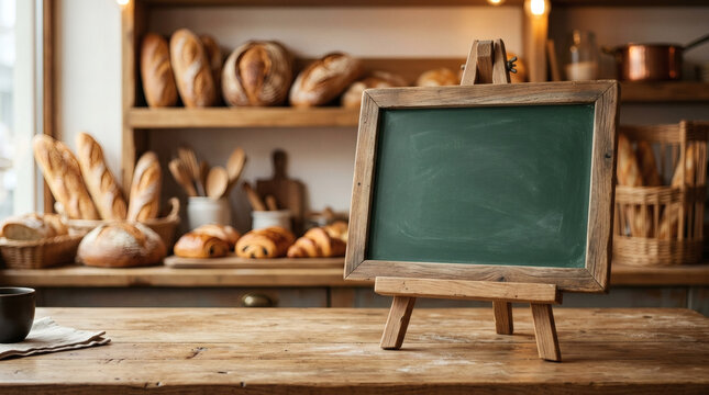 Empty chalkboard sign on a rustic wooden table in a traditional bakery shop.