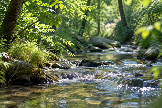 A serene forest stream with gentle ripples and rustling leaves in natural daylight.