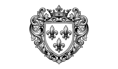 Fleur de lis crest with crown vector illustration, royal heraldic shield ornate scroll design isolated on white background © Abddulah