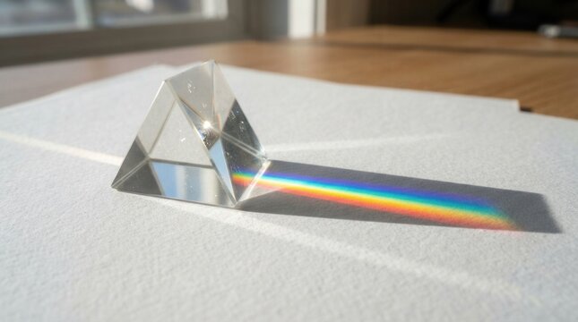 Glass prism refracts sunlight into a vibrant rainbow spectrum on a white surface.
