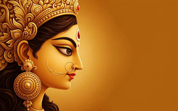 Profile portrait of goddess durga with traditional makeup and gold jewellery set.