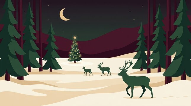 Enchanting winter forest scene with deer under moonlit sky and decorated tree