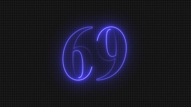 Neon glowing number sixty-nine on grid background