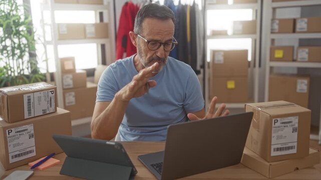 Man wearing glasses gesturing with hand toward laptop amid stacked shipping boxes on a desk in a packing building; focused productivity.