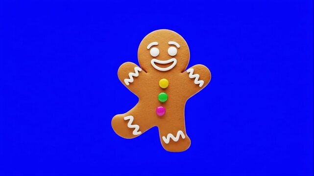 Gingerbread man cookie character with white icing and colored candy buttons against a blue screen. Suitable for holiday, greeting, celebration, banner, promotion, project.