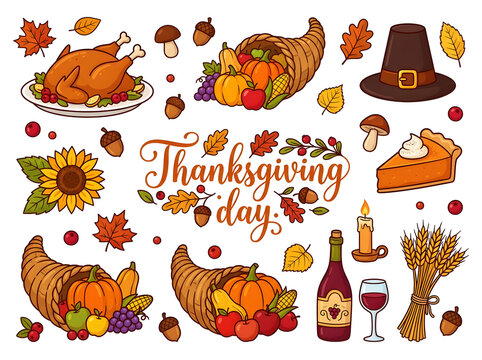 Hand drawn Thanksgiving day elements set with turkey and cornucopia icons