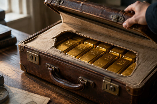 A vintage leather suitcase revealing stacked gold bars inside.