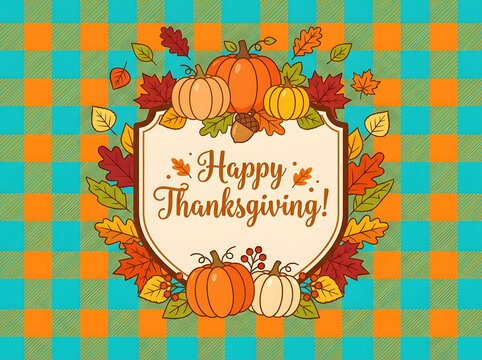 Hand-drawn thanksgiving card featuring autumn leaves and pumpkins on a plaid background