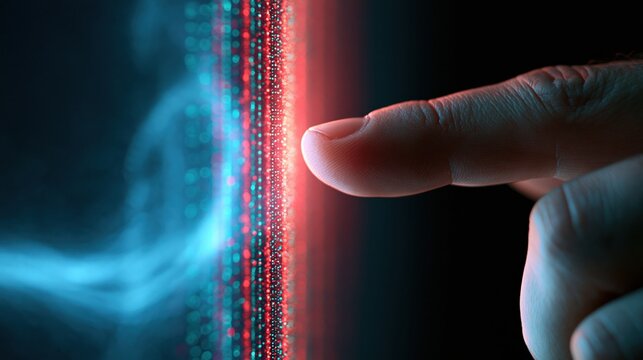 Finger touching glowing digital data stream interface