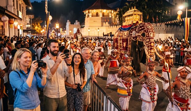 Tourists Photographing Kandy Esala Perahera Festival Procession in Sri Lanka at Night