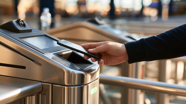 Person tapping smartphone on metal turnstile gate