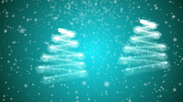 Glowing christmas trees formed by shimmering particles emerge on a vibrant turquoise background in this magical seasonal animation motion graphic loop for winter holiday celebration projects