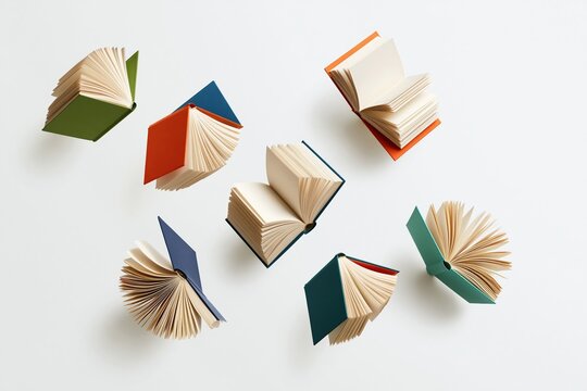colorful open books floating on white background