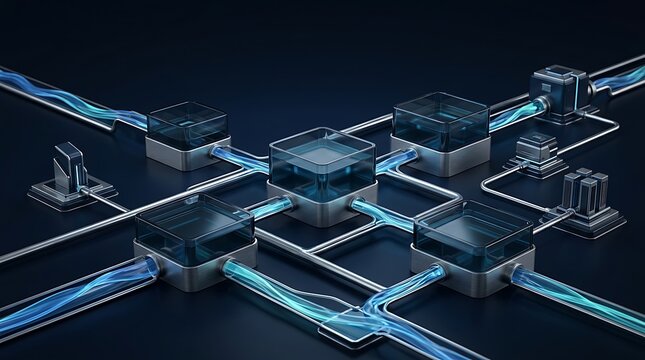 Interconnected network layout featuring central blue glass junction blocks linked by glowing light channels and metallic pipelines on a dark background, showing data flow pathways.