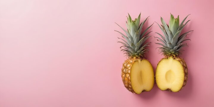 Fresh pineapple halves on a soft pastel pink background with subtle texture