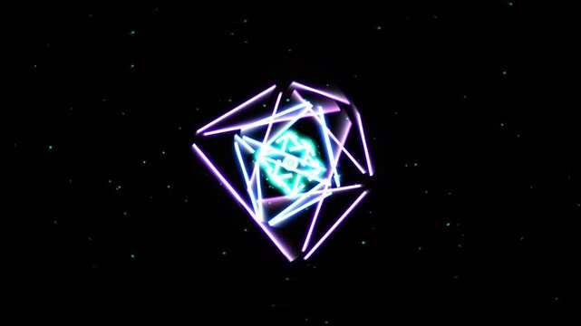 Abstract neon geometric shape with glowing light lines in a diamond pattern on a black background