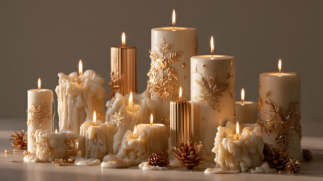 Luxury festive candles, beautifully shaped cream and gold candles with delicate seasonal ornaments, warm candlelight.