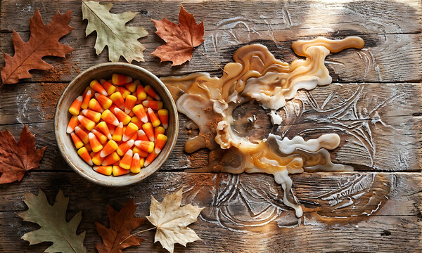 Halloween candy corn bowl flat lay with colorful autumn oak leaves and melted candle wax on wood