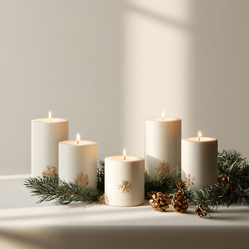 Minimalist festive candle set, elegant white candles with small gold decorative details, warm glowing flames, subtle greenery and seasonal accents.