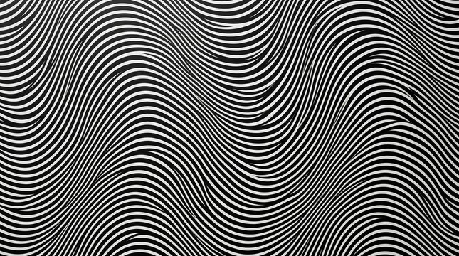 Abstract monochrome background featuring high-contrast black and white wavy lines arranged in a fluid, undulating optical pattern creating a hypnotic and dynamic visual texture.
