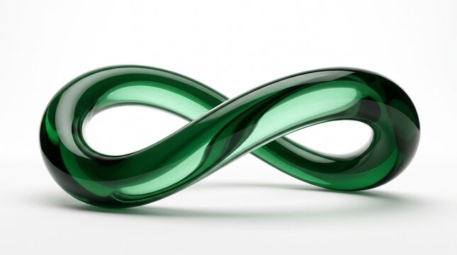 Green Glass Infinity Symbol Resting on Bright White Background