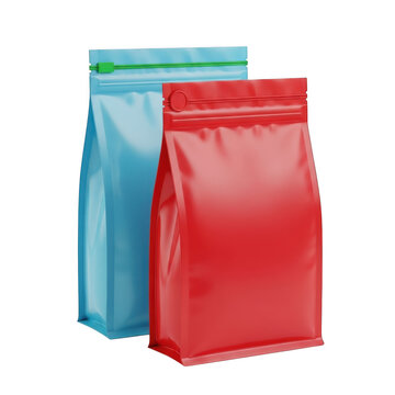 Red and blue coffee bean bags with zipper seal for food packaging design isolated on transparent background