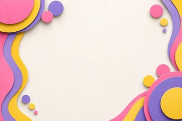 Fototapeta premium Abstract paper craft background with colorful layered wavy shapes and circles with central copy space