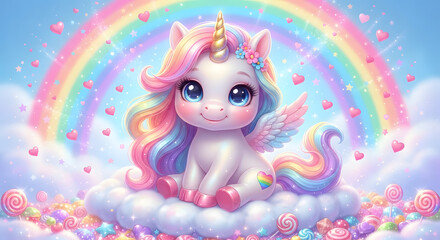 Obraz premium Cute 3D Chibi alicorn sitting on fluffy cloud in candyland with rainbow arch, golden spiral horn and rainbow heart tattoo background, stock photo