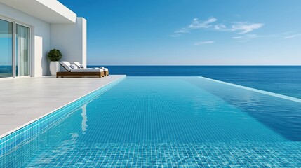 Obraz premium Modern infinity pool overlooking calm blue ocean horizon