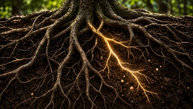 Vital energy and foundational growth concept showing glowing golden life force pulsing through deep tree roots in dark soil