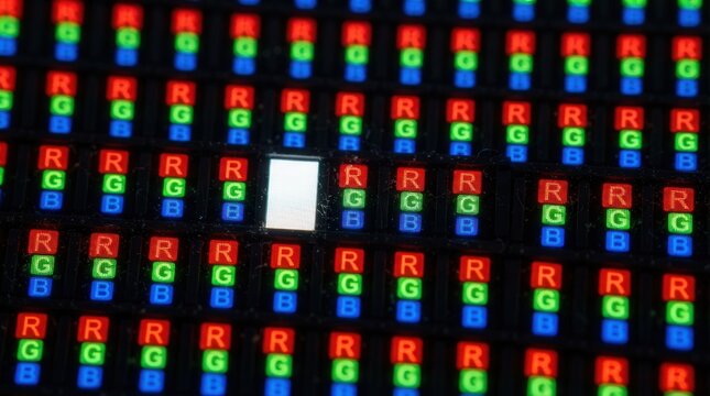 Macro View of LCD Screen Pixels Showing RGB Subpixels and a White Square.