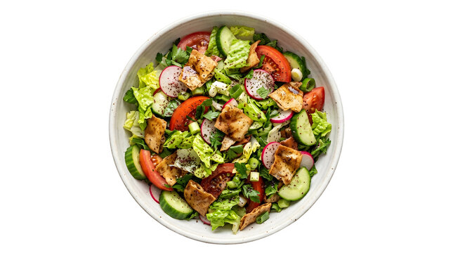 Fresh Lebanese fattoush salad bowl with crispy pita bread isolated on a transparent background