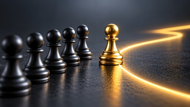 Strategic business leadership and promotion concept featuring a golden chess pawn breaking away from black pawns along a glowing path