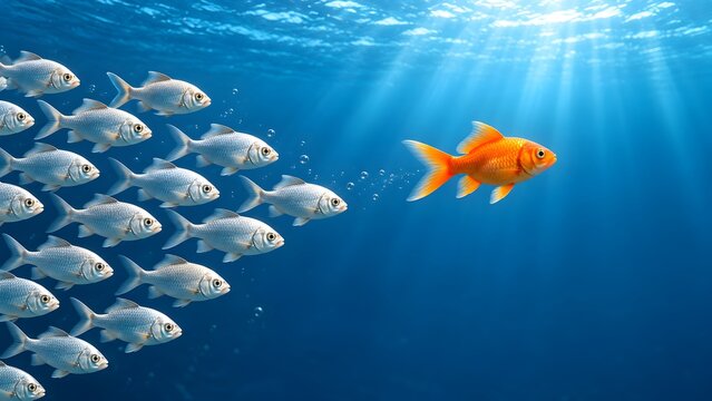 Business leadership and individuality concept showing a bright orange goldfish leading a school of silver fish in blue ocean water