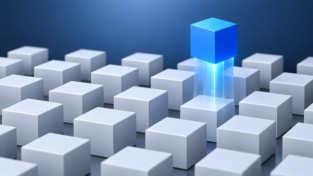 Business leadership and technology infrastructure concept featuring a glowing blue block elevated above a grid of grey blocks