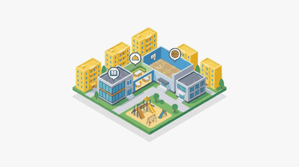 Obraz premium Corporate Isometric of Modern School Complex with Playground Sports Court and Residential Buildings