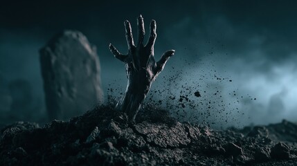 Obraz premium Grim reaper hand emerging from dark grave soil