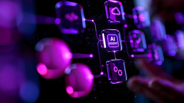Futuristic neural network concept showing a glowing purple AI Agent control node processing complex data streams