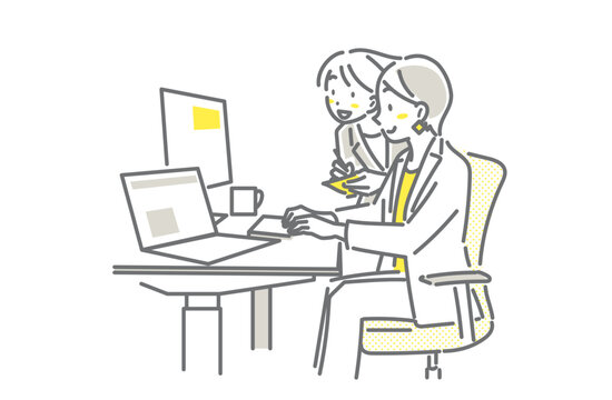 新入社員に仕事を教えるビジネスウーマン　シンプルでお洒落な線画イラスト