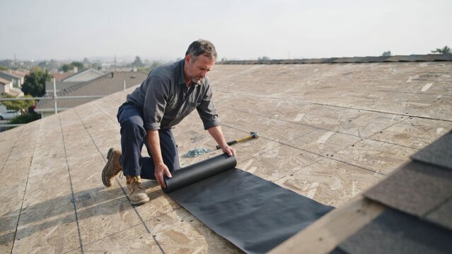 Construction worker rolls out roofing felt on wooden roof deck for waterproofing during home building project.