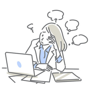 悩みの多い仕事中の女性　シンプルでお洒落な線画イラスト