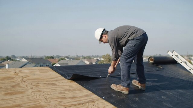 Construction worker wearing white hard hat cutting black felt roofing paper with utility knife on wooden roof deck during project.