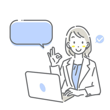 笑顔で仕事をするビジネスウーマン　シンプルでお洒落な線画イラスト