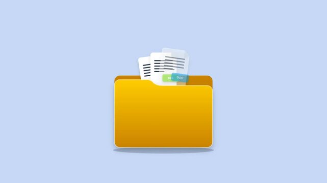 Animated yellow directory folder cycling through document file formats PNG, XLS, and DOC: Office file organization system motion graphics visual, light blue background