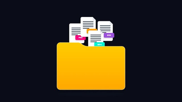 3D yellow folder icon with animated document file format tags popping up: Media assets file management directory organization concept, dark background