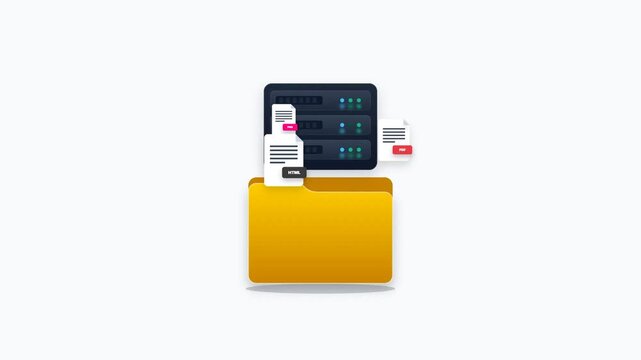 Server network transferring files into yellow folder: animated flat database server uploading PDF and HTML document icons into storage directory for cloud backup and data migration concept